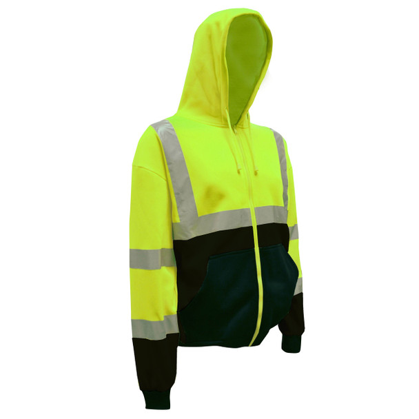 SJ401-M COR-BRITE  CLASS III LIME HOODED SWEATSHIRT  300 GRAM POLYESTER FLEECE  ZIPPER CLOSURE  LINED HOOD  BLACK POUCH POCKET  FRONT PANEL AND FOREARMS Cordova Safety Products