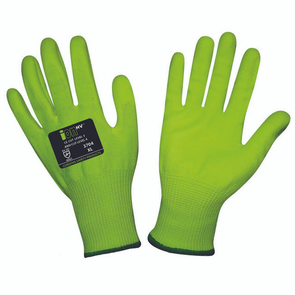 3704XS iON-HV   HI-VIS YELLOW 13-GAUGE HPPE SHELL  HI-VIS YELLOW POLYURETHANE PALM COATING  ANSI CUT LEVEL 4 Cordova Safety Products