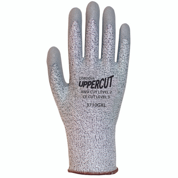 3710GXS UPPERCUT   SALT & PEPPER 13-GAUGE HPPE SHELL  GRAY POLYURETHANE PALM COATING  ANSI CUT LEVEL 2 Cordova Safety Products