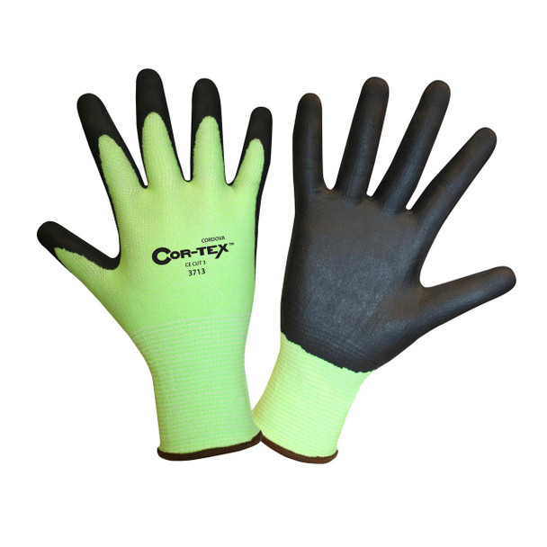 3713S COR-TEX  HI-VIS LIME 13-GAUGE HPPE PLAITED SHELL  BLACK SANDY NITRILE PALM COATING  ANSI CUT LEVEL 2 Cordova Safety Products