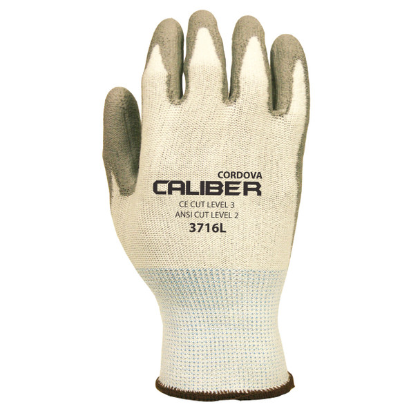 3716XXL CALIBER  WHITE 13-GAUGE HPPE SHELL  GRAY POLYURETHANE PALM COATING  ANSI CUT LEVEL 2 Cordova Safety Products 3716XXL CALIBER  WHITE 13-GAUGE HPPE SHELL  GRAY POLYURETHANE PALM COATING  ANSI CUT LEVEL 2 Cordova Safety Products