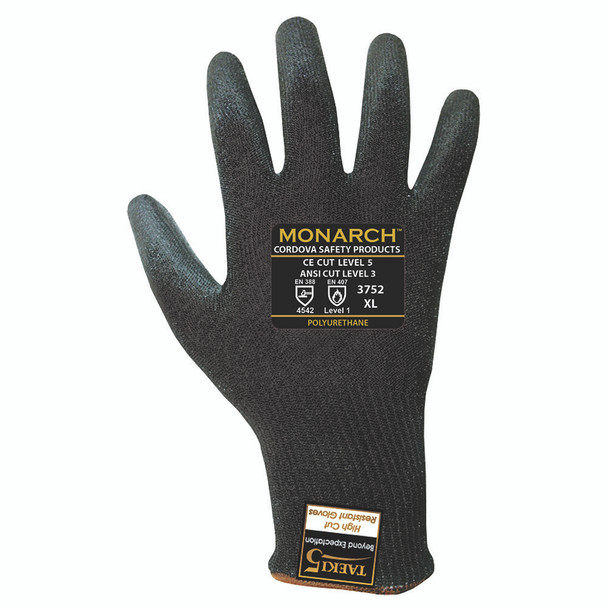 3752L MONARCH-PU /13-GAUGE  BLACK TAEKI5 SHELL  BLACK POLYURETHANE PALM COATING  ANSI CUT LEVEL 3 Cordova Safety Products