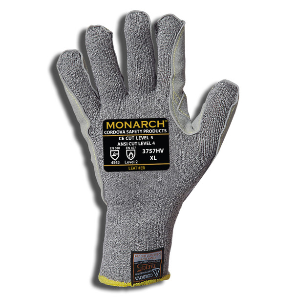 3757S MONARCH-LEATHER /10-GAUGE  GRAY TAEKI5 SHELL  LEATHER PALM  REINFORCED THUMB CROTCH  ANSI CUT LEVEL 4  Cordova Safety Products