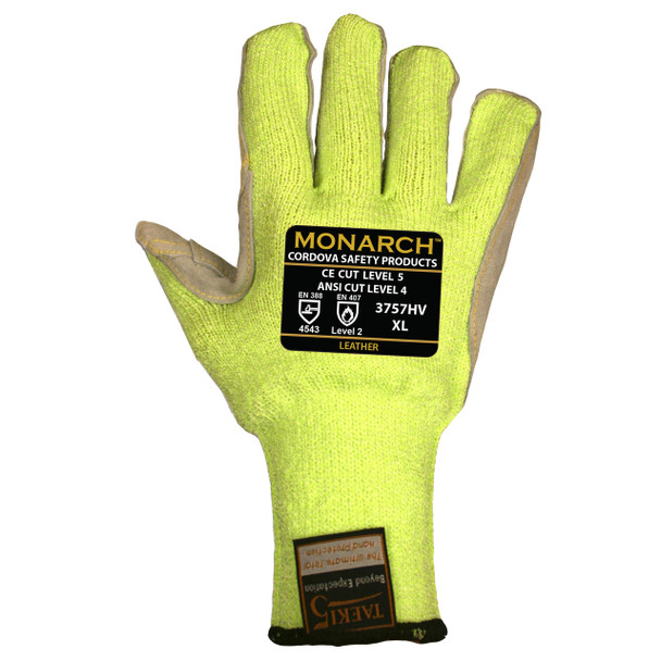 3757HVS MONARCH-LEATHER /10-GAUGE  HI-VIS GREEN TAEKI5 SHELL  LEATHER PALM  REINFORCED THUMB CROTCH  ANSI CUT LEVEL 4  Cordova Safety Products