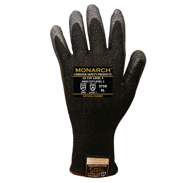 3758L MONARCH-NRL /13-GAUGE  BLACK TAEKI5 SHELL  BLACK NATURAL RUBBER LATEX PALM COATING  ANSI CUT LEVEL 3 Cordova Safety Products