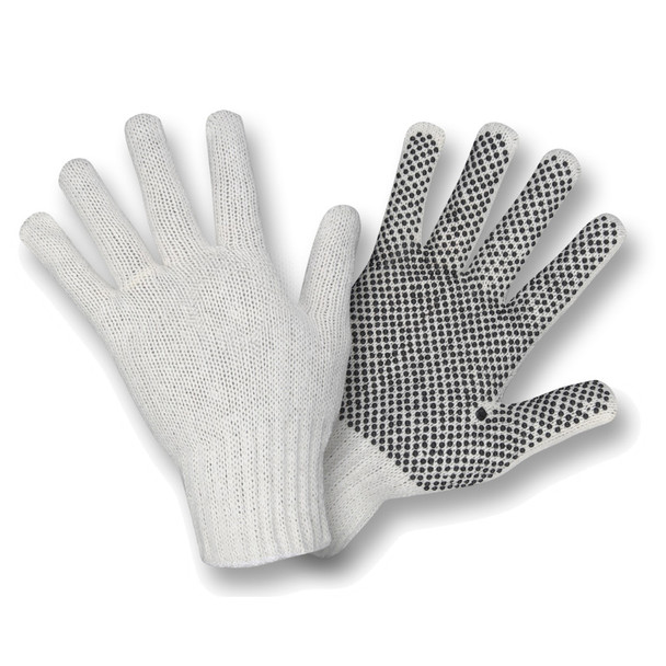 3802L 100% COTTON   ECONOMY WEIGHT  NATURAL  MACHINE KNIT  1-SIDE PVC DOTS & FINGER TIPS Cordova Safety Products