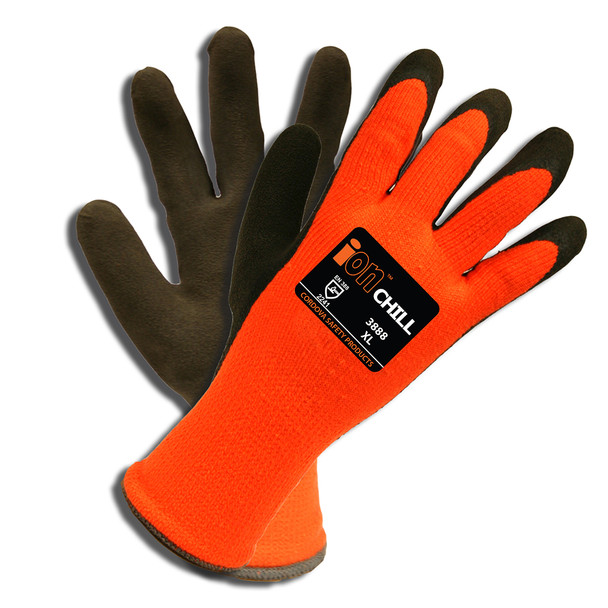 3888L iON CHILL   10-GAUGE  ORANGE   BRUSHED  LOOP-IN  ACRYLIC TERRY SHELL  SANDY LATEX PALM COATING Cordova Safety Products