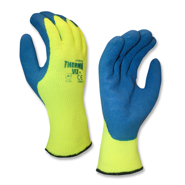 3889M THERMA-VIZ   10-GAUGE  HI-VIS GREEN  BRUSHED  LOOP-IN  ACRYLIC TERRY SHELL  BLUE LATEX PALM COATING Cordova Safety Products