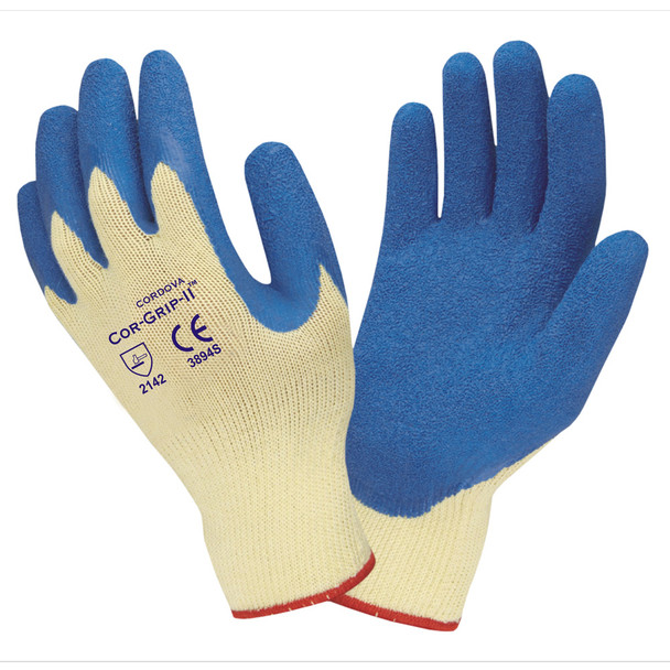 3894S COR-GRIP   10-GAUGE  YELLOW POLY/COTTON SHELL  BLUE LATEX PALM COATING Cordova Safety Products