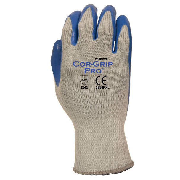 3986PXL COR-GRIP PRO  PREMIUM COATED LATEX  10-GAUGE GRAY POLY/COTTON SHELL  BLUE LATEX PALM COATING Cordova Safety Products