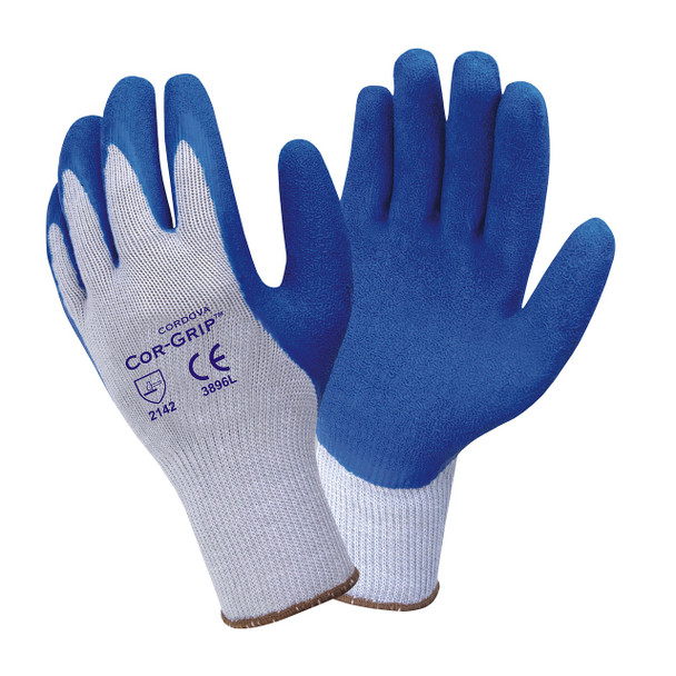 3896S COR-GRIP   10-GAUGE  GRAY POLY/COTTON SHELL  BLUE LATEX PALM COATING Cordova Safety Products