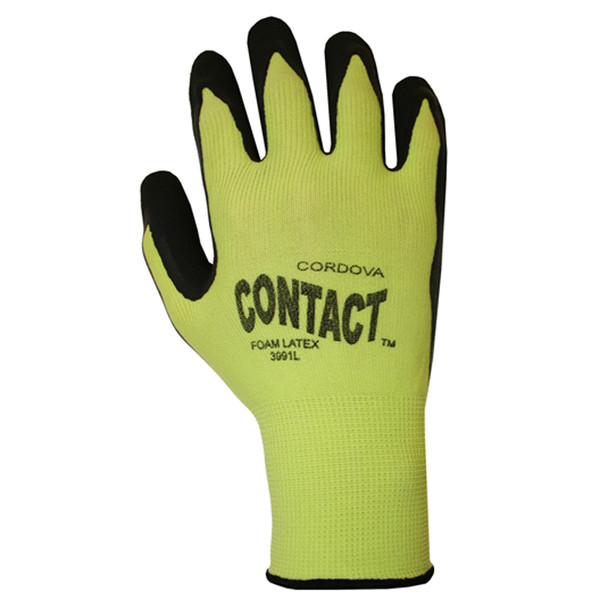 3991L CONTACT   13-GAUGE  HI-VIS GREEN NYLON SHELL  BLACK FOAM LATEX PALM COATING Cordova Safety Products