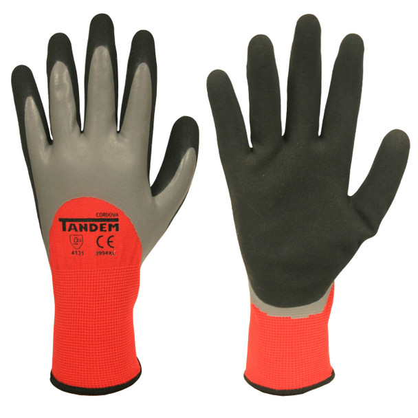 3994S TANDEM   15-GAUGE  RED POLYESTER SHELL  3/4 TWO-LAYER SANDY LATEX COATING Cordova Safety Products