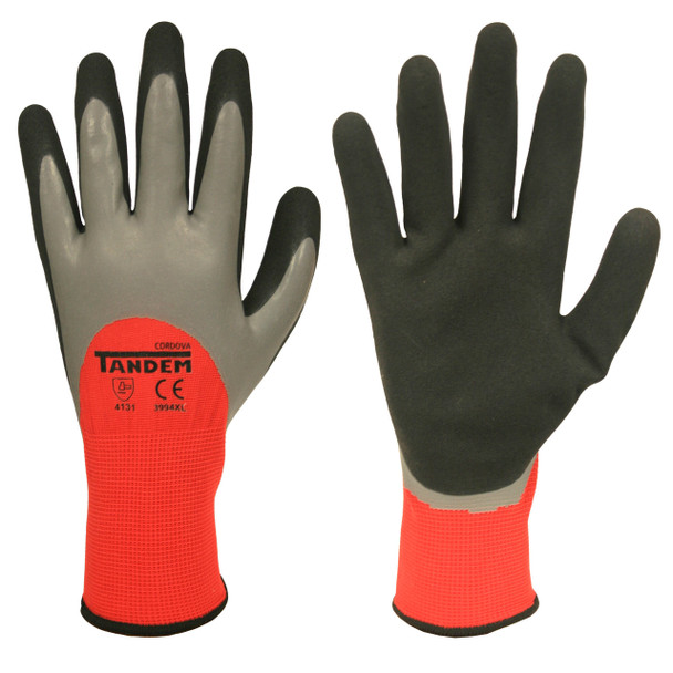 3994M TANDEM   15-GAUGE  RED POLYESTER SHELL  3/4 TWO-LAYER SANDY LATEX COATING Cordova Safety Products