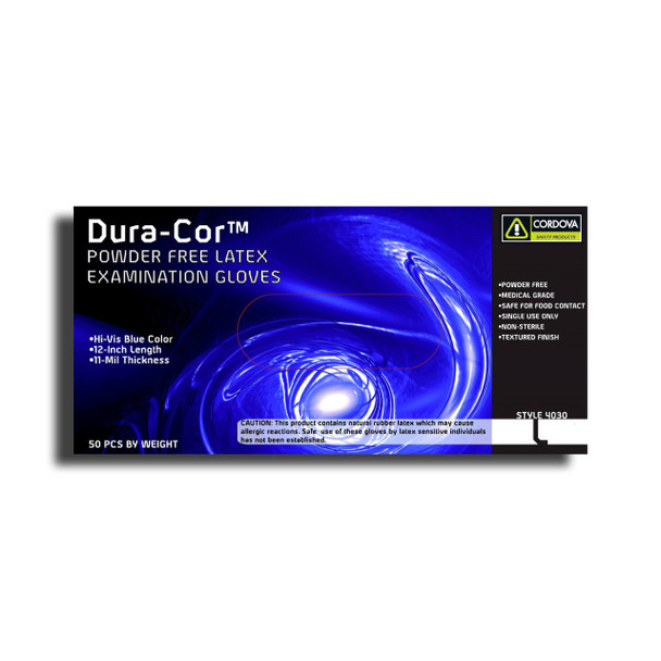 4030XL DURA-COR  11-MIL  HI-VIS BLUE LATEX  EXAM GRADE  POWDER FREE  12-INCH  TEXTURED  50PCS/DISPENSER Cordova Safety Products