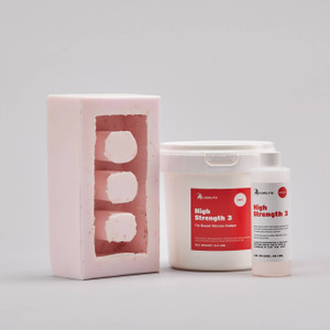 Alumilite's High Strength 3 tin-based silicone 5 pound kit with a pink silicone prop brick mold Alumilite's High Strength 3 tin-based silicone 5 pound kit with a pink silicone prop brick mold