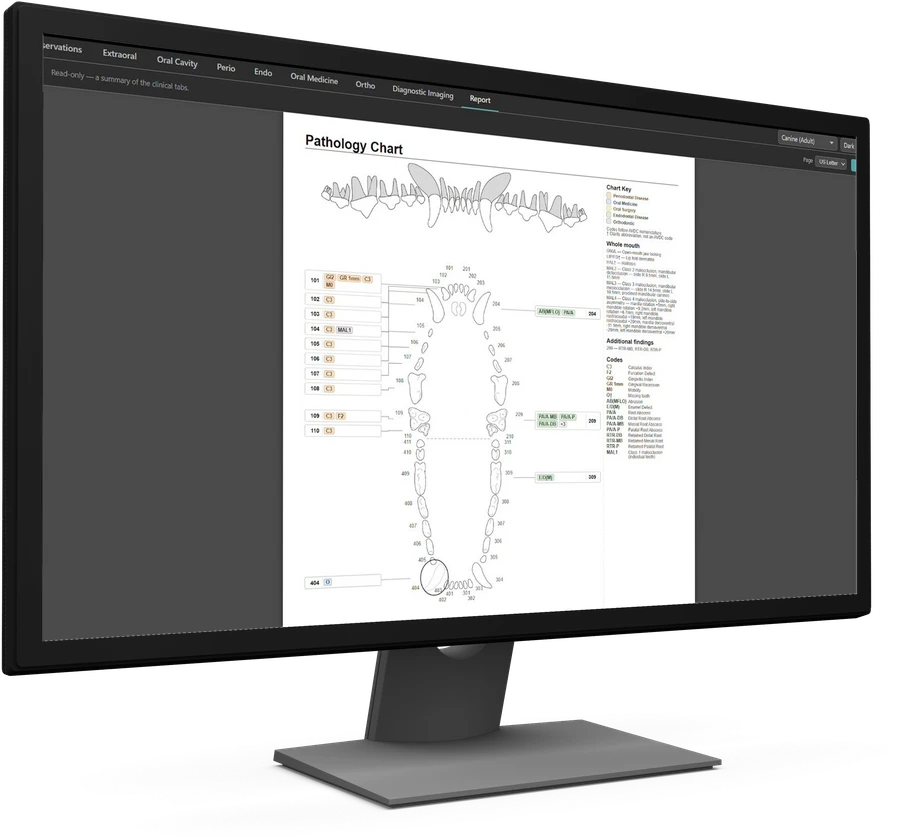 Clarity XR Dental Charting pathology chart on a monitor