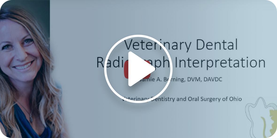 Smiling woman with sign: "Veterinary Dental Radiology Interpretation"