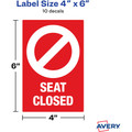 Avery&reg; Surface Safe SEAT CLOSED Chair Decals - Print/Message "Seat Closed" - 4" Width x 6" Height - Rectangular Shape - Water Resistant, Pre-printed, Chemical Resistant, Abrasion Resistant, Tear Resistant, Durable, UV Resistant, Residue-free, ...