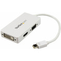 StarTech.com Travel A/V Adapter: 3-in-1 Mini DisplayPort to VGA DVI or HDMI Converter - White - 1 x 19-pin HDMI Digital Audio/Video - Female, 1 x 15-pin DB-15 Video - Female, 1 x 25-pin DVI-D Digital Video - Female - 1 x 20-pin Mini DisplayPort Di...
