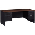Lorell Fortress Modular Series Double-Pedestal Desk - 72" Width x 36" Depth, x 1.1" Thickness Top - 2 x Box, File Drawer(s) - Double Pedestal - Material: Steel - Finish: Walnut Laminate, Black - Scratch Resistant, Stain Resistant, Ball-bearing Sus...