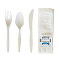 Six-Piece Cutlery Kit, Mediumweight, Fork/Knife/Napkin/Pepper/Salt/Spoon, 5.86", Plastic, White, 250/Carton