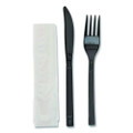 Gardenware Cutlery Kit, Individually Wrapped, Heavyweight, Fork/Knife/Napkin, Plastic, Black, 500/Carton