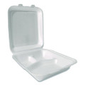 Foam Hinged Lid Containers, 3-Compartment, 7.56 x 8.25 x 2.38, White, Foam, 200/Carton