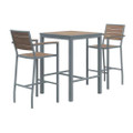 Eveleen Outdoor Bistro Patio Table With Two Mocha Powder-coated Polymer Barstools, 30" Square, Mocha