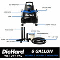 DieHard 6-Gallon 4.5 HP Wet/Dry Vacuum - 6 gal - Hose, Wand, Filter, Crevice Tool, Pick-up Tool, Floor Tool - Wet Surface, Dry Surface - 10 ft Cable Length - 7 ft Hose Length - Rich Black