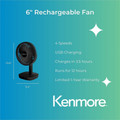 Kenmore 6" Rechargeable Fan - 4 Speed - Rechargeable, Lightweight, Quiet Operation - Black