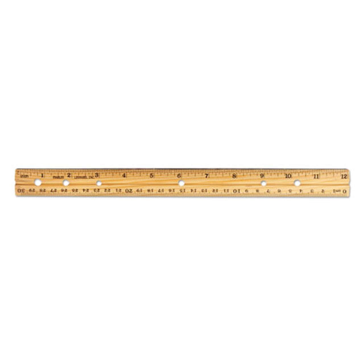 Three-Hole Punched Wood Ruler English And Metric With Metal Edge, 12 Long