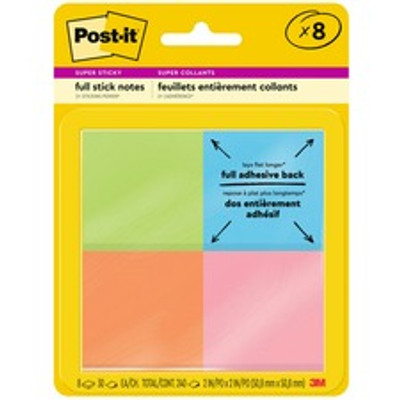 Post-it&reg; Super Sticky Full Adhesive Notes - Energy Boost Color Collection - 240 - 2" Flag/Note Width x 2" Flag/Note Length - Square - 30 Sheets per Pad - Unruled - Green, Blue, Orange, Pink - Paper - Self-adhesive, Removable - 8 / Pack