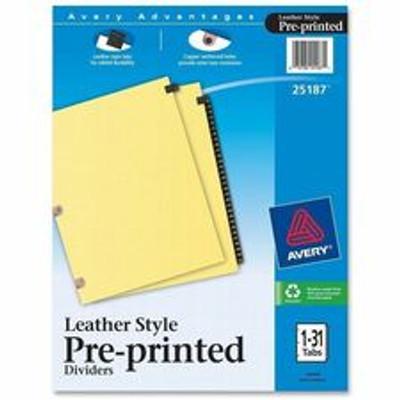 Avery&reg; Tab Divider - 31 x Divider(s) - 1-31 - 31 Tab(s)/Set - 8.5" Divider Width x 11" Divider Length - 3 Hole Punched - Buff Paper Divider - Black Paper, Leather Tab(s) - 30% Recycled - 1