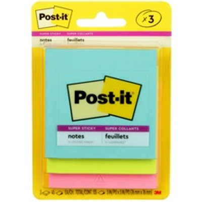 Post-it&reg; Super Sticky Notes - Supernova Neons Color Collection - 135 - 3" Flag/Note Width x 3" Flag/Note Length - Square - 45 Sheets per Pad - Unruled - Aqua Splash, Acid Lime, Tropical Pink - Paper - Self-adhesive - 3 / Pack