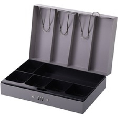 Sparco Steel Combination Lock Steel Cash Box - 6 Coin - Steel - Gray - 3.2" Height x 11.5" Width x 7.8" Depth