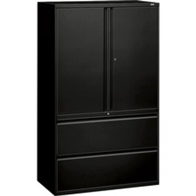 HON 800 Series Wide Lateral File with Storage Cabinet - 2-Drawer - 42" Width x 18" Depth x 64.2" Height - 2 x Shelf(ves) - 2 x Drawer(s) for File - 2 x Side Open Door(s) - Legal, Letter - Lateral - Security Lock - Black - Steel - Recycled