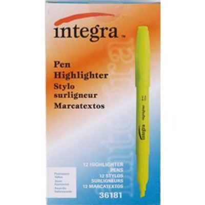 Integra Pen Style Fluorescent Highlighters - Chisel Marker Point - Yellow Ink - 1 Dozen