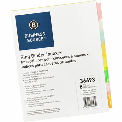 Business Source Insertable Tab Ring Binder Indexes - 8 Blank Tab(s) - 1.50" Tab Width - 8.5" Divider Width x 11" Divider Length - Letter - 3 Hole Punched - Multicolor Tab(s) - Tear Resistant, Reinforced Edges, Punched, Insertable Tab - 50 / Box