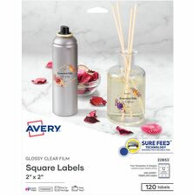 Avery&reg; Sure Feed Glossy Labels - Waterproof - 2" Width x 2" Length - Permanent Adhesive - Square - Inkjet, Laser - Glossy Crystal Clear - Crystal Clear - Film - 12 / Sheet - 12 Total Sheets - 120 Total Label(s) - 10 / Pack