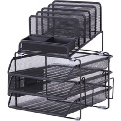 Lorell Divided 4-tier Desktop Organizer - 4 Tier(s) - 15.75" Height x 12.87" Width x 14.37" Depth - Desktop - Black - Plastic, Mesh - 1 Each