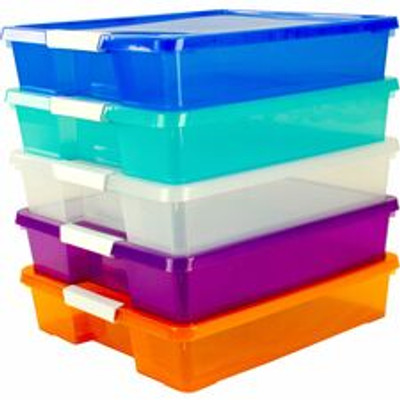 Storex Storage Case - External Dimensions: 14" Length x 14" Width x 3" Height - Latching Closure - Stackable - Assorted Bright - For Classroom Supplies, Paper, Decoration Equipment, Craft Supplies - 5 / Carton