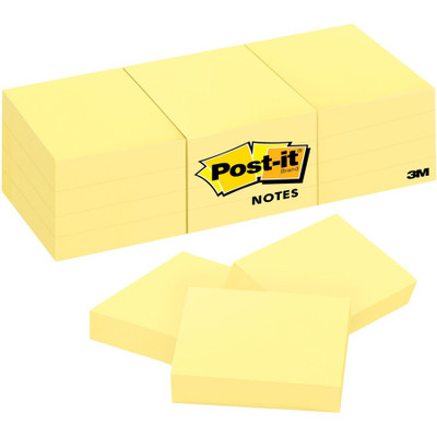 Post-it Notes Original Notepads - 1 3/8" Flag/Note Width x 1 7/8" Flag/Note Length - Rectangle - 100 Sheets per Pad - Unruled - Canary Yellow - Paper - Self-adhesive, Repositionable - 12/Pack - 2 / Bundle