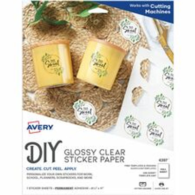 Avery&reg; Permanent Sticker Paper - Letter - 8 1/2" x 11" - Printable, Permanent, Print-to-the-edge, Acid-free, Lignin-free - Glossy, Clear - 7/Pack - 6 / Carton