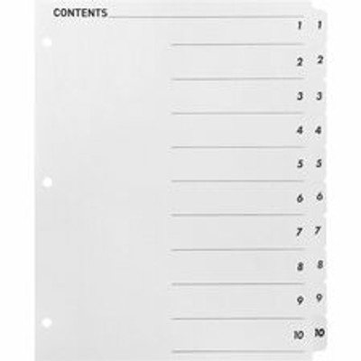Business Source Table of Content Quick Index Dividers - Printed Tab(s) - Digit - 1-10 - 10 Tab(s)/Set - 8.5" Divider Width x 11" Divider Length - 3 Hole Punched - White Divider - White Mylar Tab(s) - 10 / Set