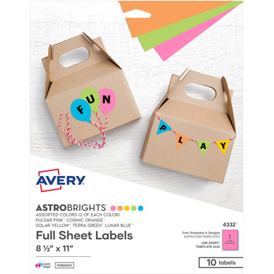 Avery&reg; Easy Peel Multipurpose Label - x 8 1/2" Width x 11" Length - Full Sheet - Permanent Adhesive - Laser, Inkjet - Solar Yellow, Terra Green, Pulsar Pink, Lunar Blue, Cosmic Orange - Paper - 1 / Sheet - 10 Total Sheets - 10 Total Label(s) - 6
