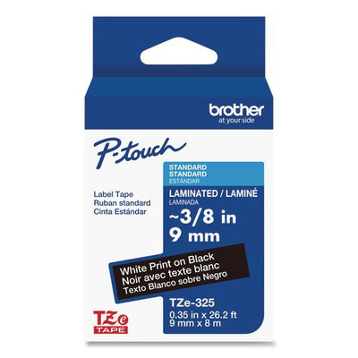 Tze Standard Adhesive Laminated Labeling Tape, 0.35" X 26.2 Ft, White On Black