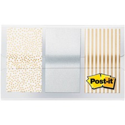 Post-it&reg; Printed Flags - 60 x Assorted Metallic - 1" Flag/Note Width x 1 3/4" Flag/Note Length - 30 Sheets per Pad - Gold, Silver - Sticky, Removable, Writable, Self-adhesive - Dispenser Included - 60 / Pack