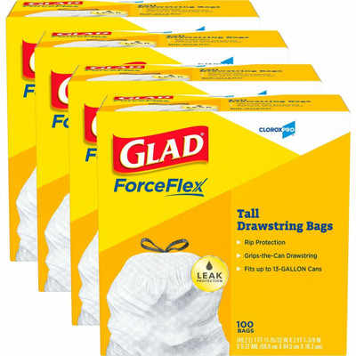 Glad ForceFlex Tall Kitchen Drawstring Trash Bags - 13 gal Capacity - 27" Length x 24" Width x 9 mil (229 Micron) Thickness - Drawstring Closure - White - Plastic - Kitchen, Office, Day Care, Restaurant, School - 100/Box - 72 / Bundle