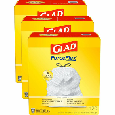 Glad ForceFlex Tall Kitchen Drawstring Trash Bags - 13 gal Capacity - 9 mil (229 Micron) Thickness - Drawstring Closure - White - Plastic - Home, Breakroom, Day Care, Kitchen, Garbage - 120/Box - 135 / Pallet